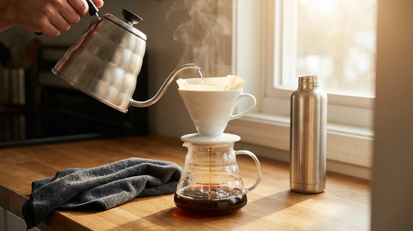 Evde pour over yöntemiyle antrenman öncesi kahve demleme