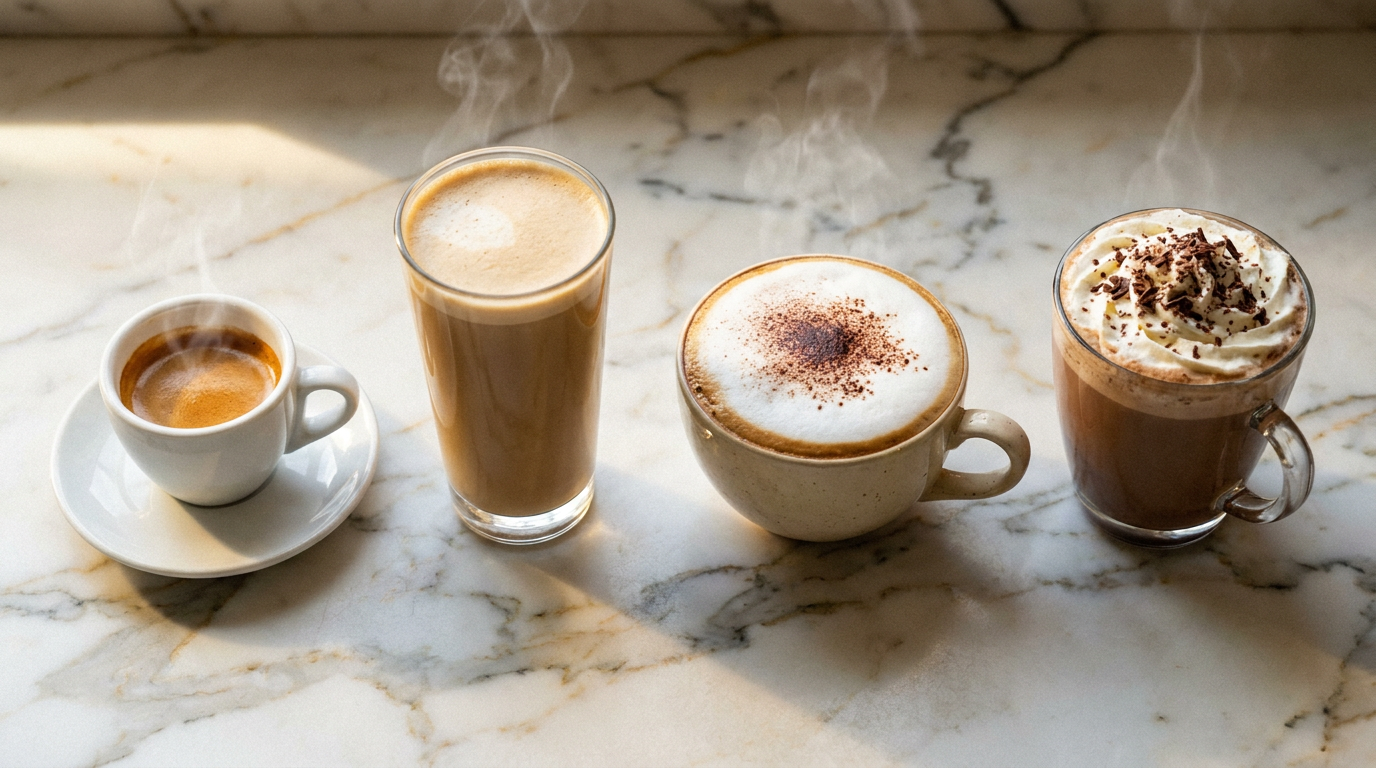 Espresso bazlı çeşitli kahveler bir kafe tezgahında dizili