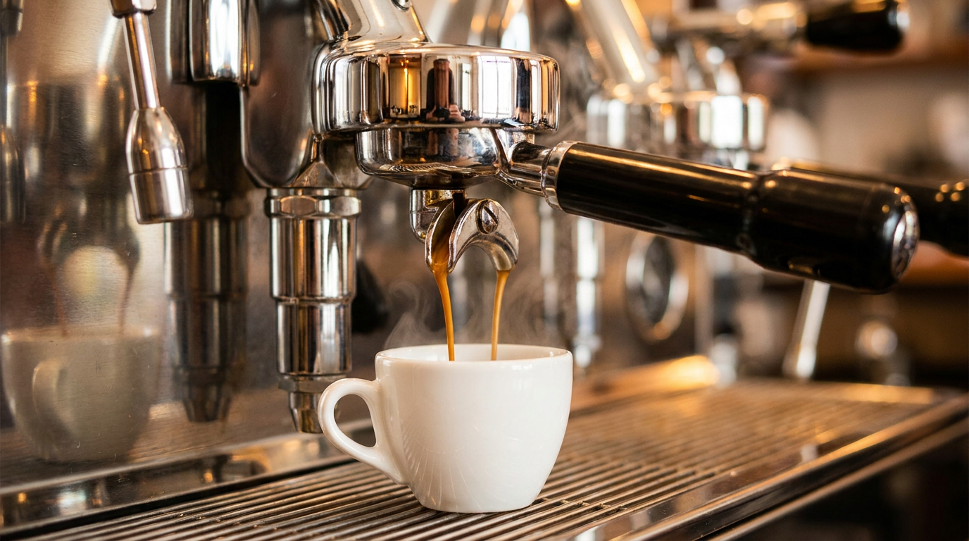 Espresso makinesi portafilterinden akan koyu espresso ve krema