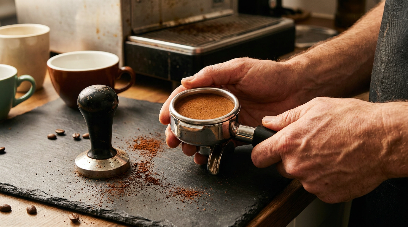 Portafilter içindeki tamperlenmiş öğütülmüş kahve yatağı