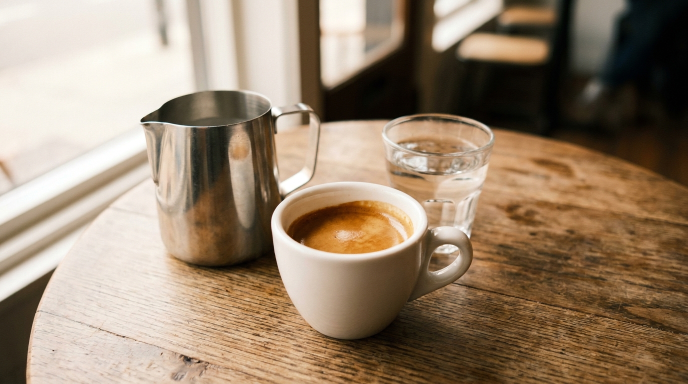 Espresso shotı ve yanında süt sürahisi ile hazırlık aşaması