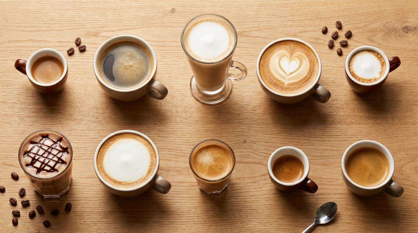 Farklı espresso bazlı içecekler ceramic fincanlarda yan yana