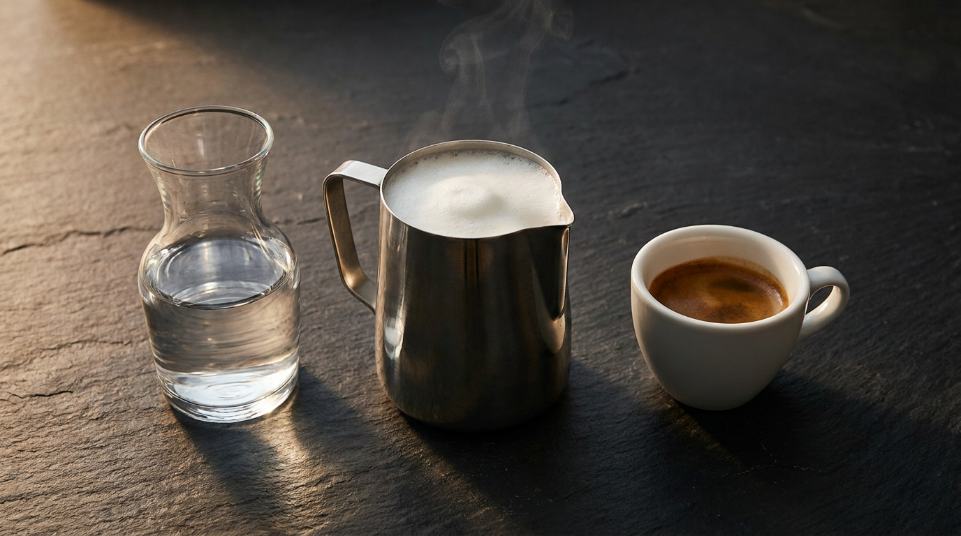 Su, süt ve espresso ile kahve çeşitlerinin farkını gösteren düzen