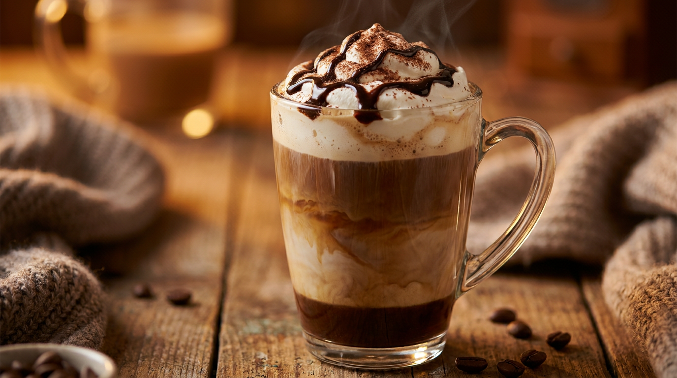 Çikolata şuruplu ve kremalı mocha kahvesi bir camda