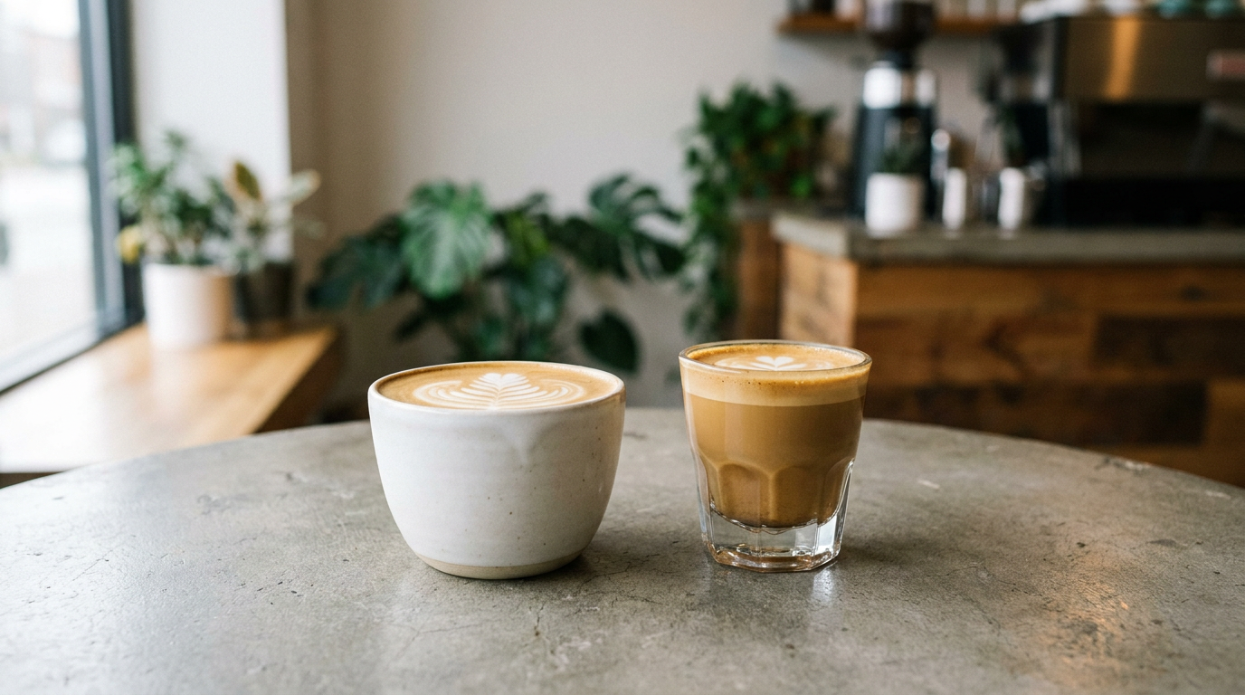 Flat white ve cortado modern espresso içecekleri yan yana