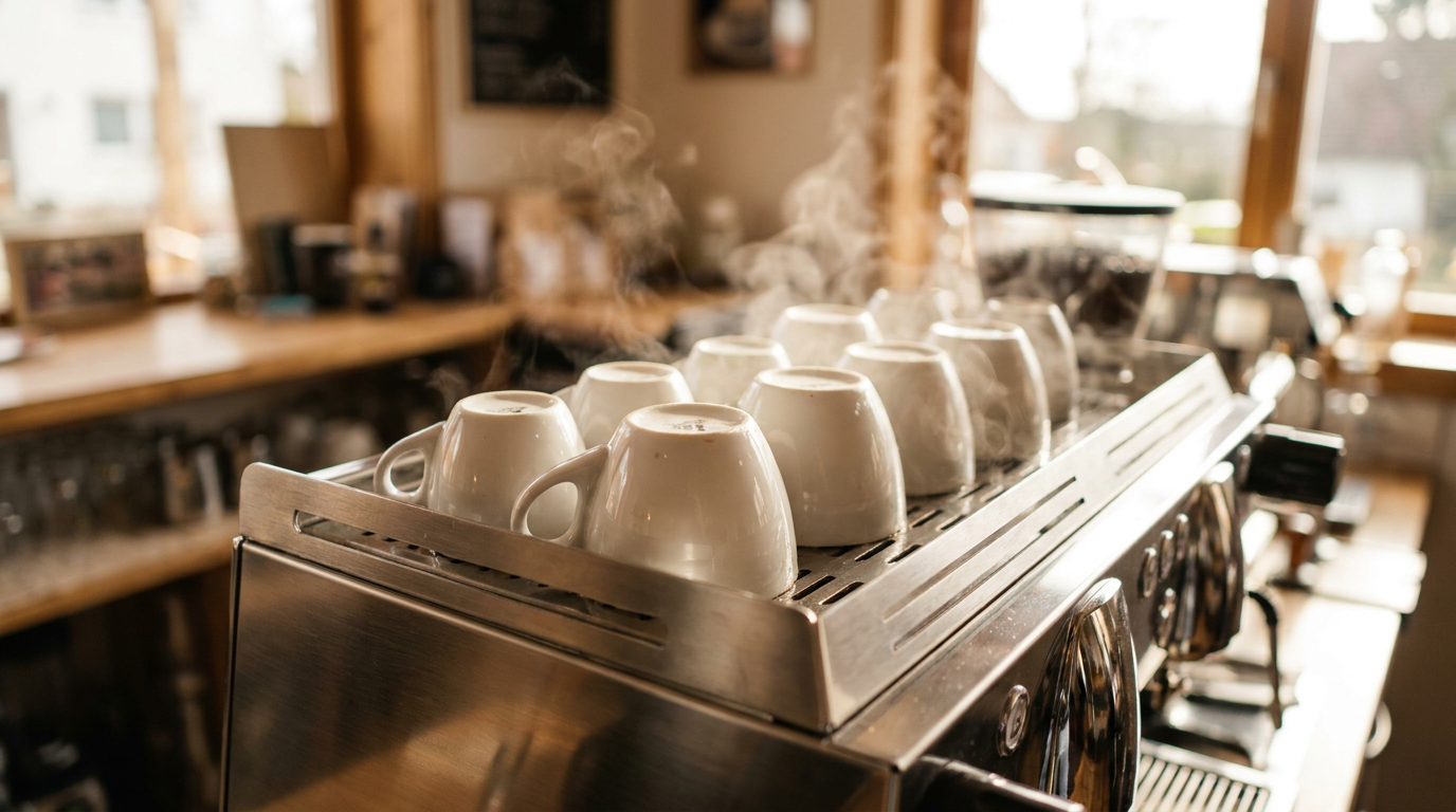 Espresso makinesi üzerinde ön ısıtılan fincanlar