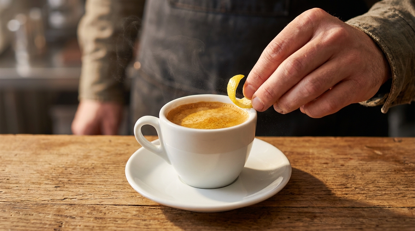 Espresso fincanının kenarına limon kabuğu sürme