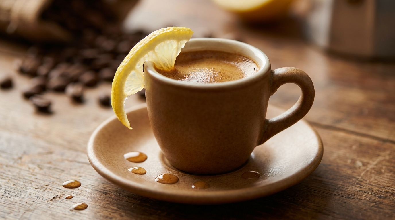 Fincan kenarında kıvrık limon kabuğu