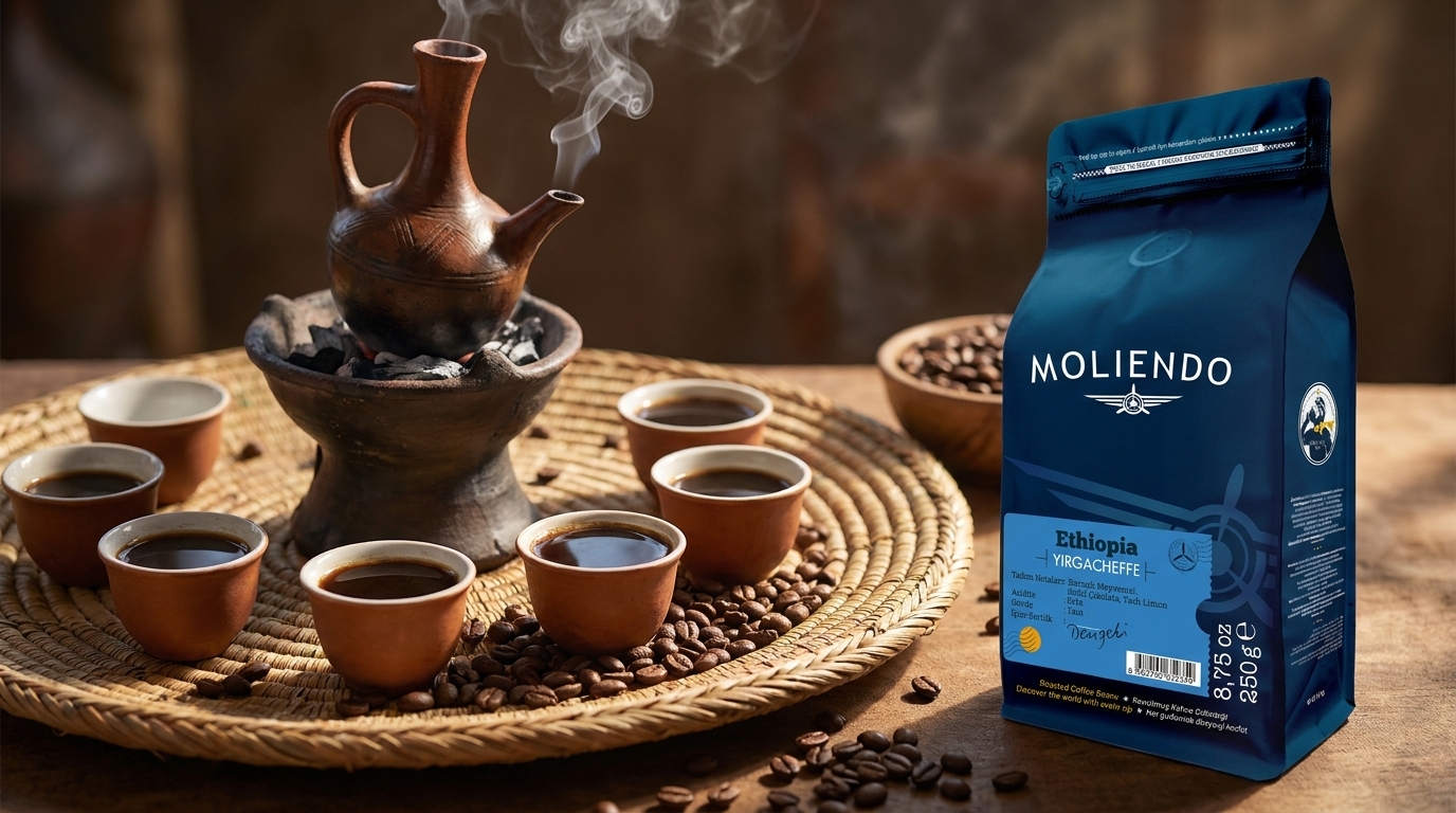 Geleneksel Etiyopya kahve töreni ve jebena, yanında Moliendo Ethiopia Yirgacheffe
