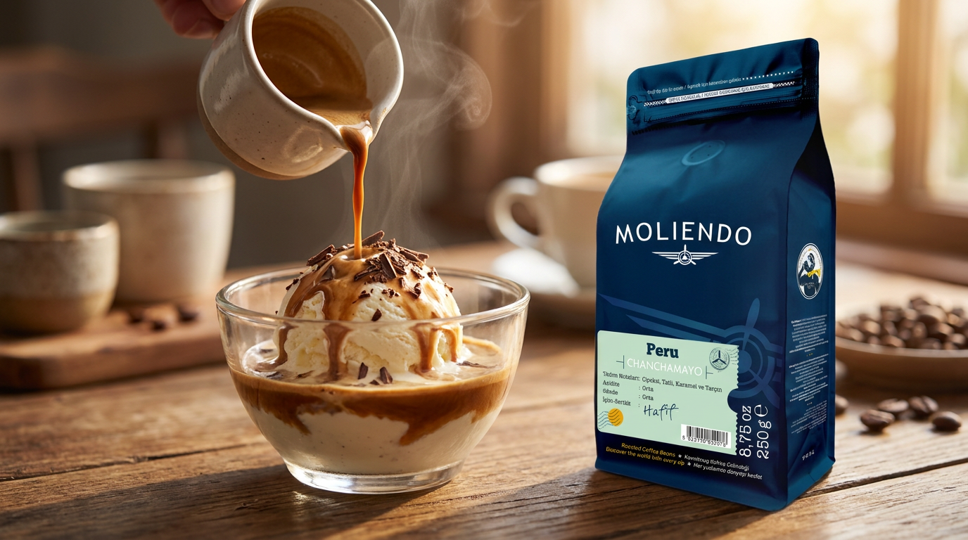 Dondurma üzerine dökülen espresso ile affogato, yanında Moliendo Peru Chanchamayo