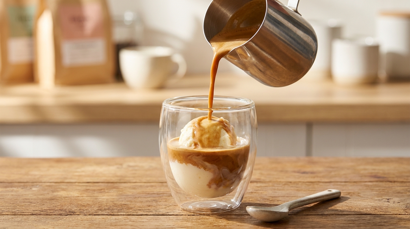 Dondurmanın üzerine sıcak espresso dökülmesi