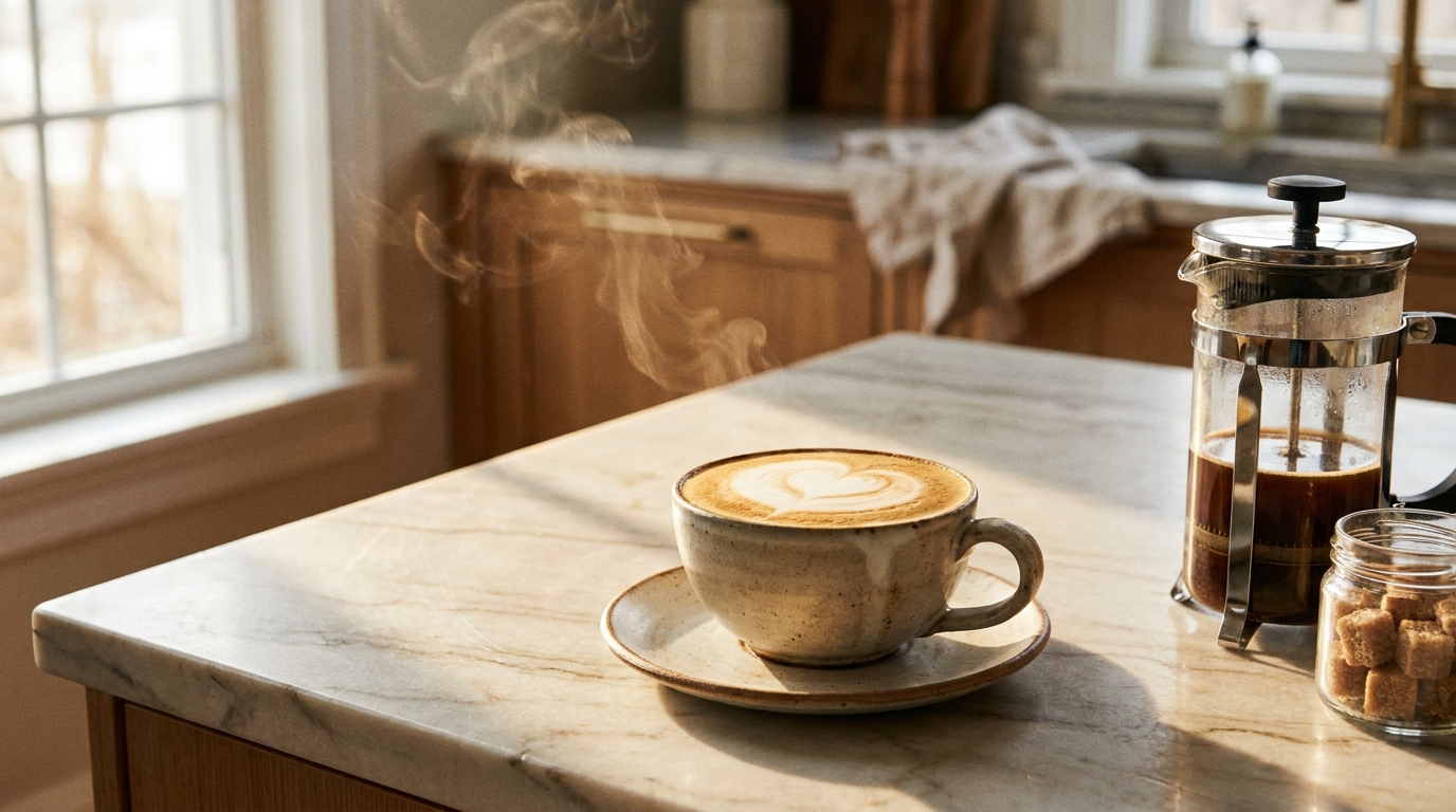 Üzerinde yoğun süt köpüğü bulunan sıcak cappuccino fincanı mermer tezgahta