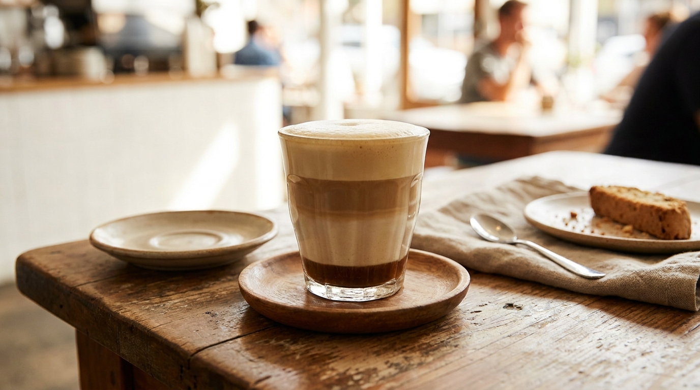 Klasik cappuccinonun üç katmanını gösteren cam bardak: espresso, süt ve köpük