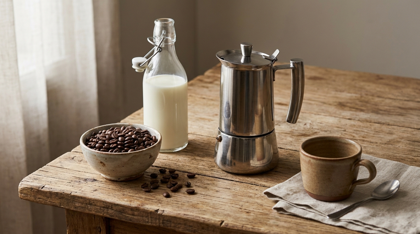 Cappuccino için gerekli malzemeler: kahve çekirdekleri, süt sürahisi, moka pot