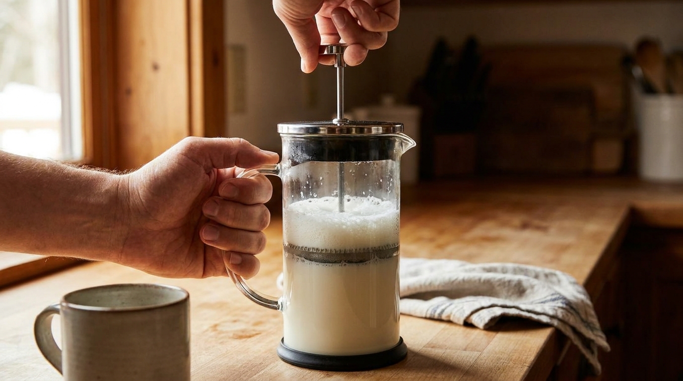 French Press ile süt köpürtme: piston yukarı aşağı hareket ettiriliyor