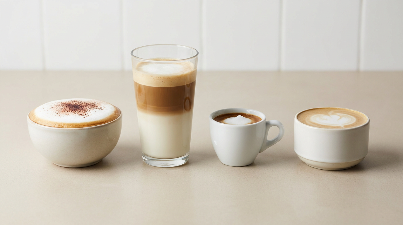 Cappuccino, latte, macchiato ve flat white yan yana karşılaştırma