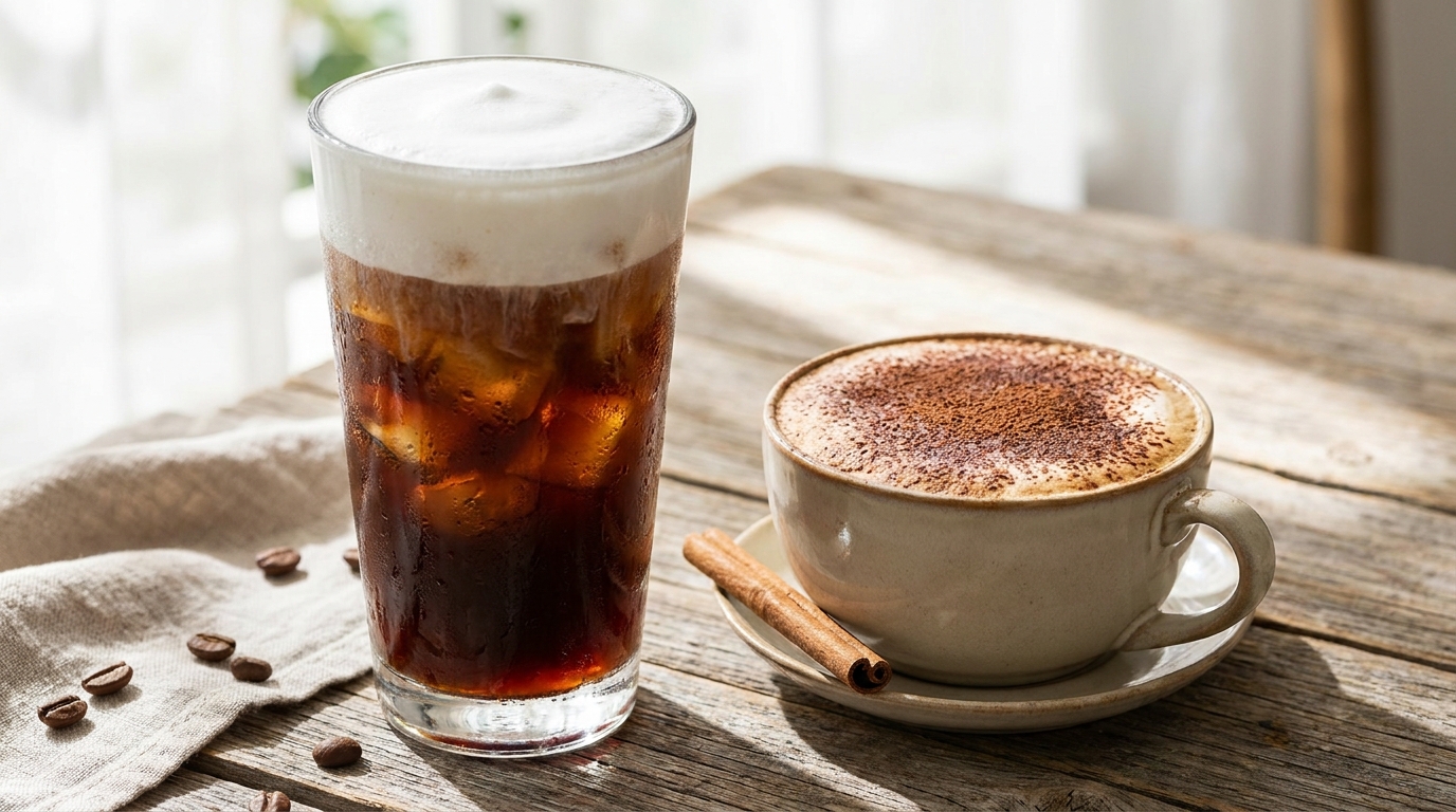 Buzlu Freddo cappuccino ve üzerine kakao serpilmiş varyasyonlar