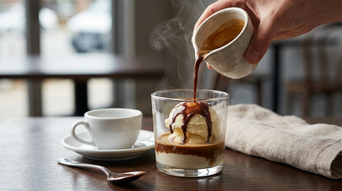Dondurma üstüne espresso dökülen affogato