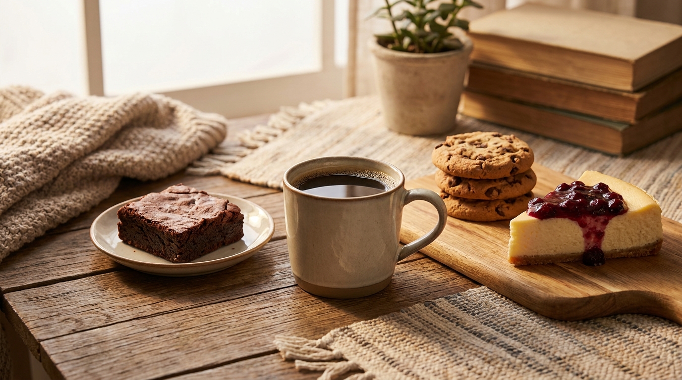 Filtre kahve yanında tatlı eşlikçiler: brownie, kurabiye, cheesecake