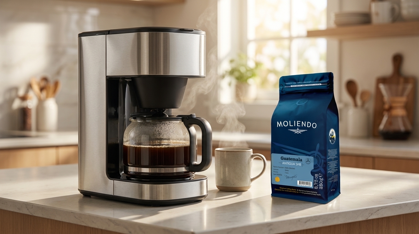 Cam sürahili filtre kahve makinesi, yanında Moliendo Guatemala Antigua