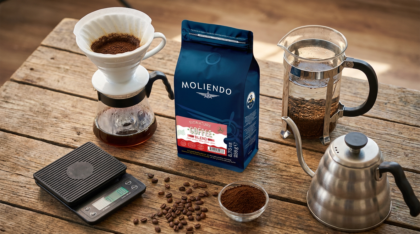 Filtre kahve ekipmanları ve Moliendo Signature blend