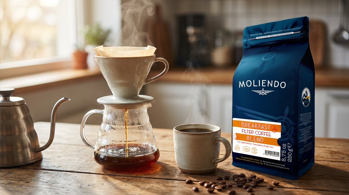 Pour-over ile filtre kahve demleme, yanında Moliendo Breakfast Filter Coffee Blend