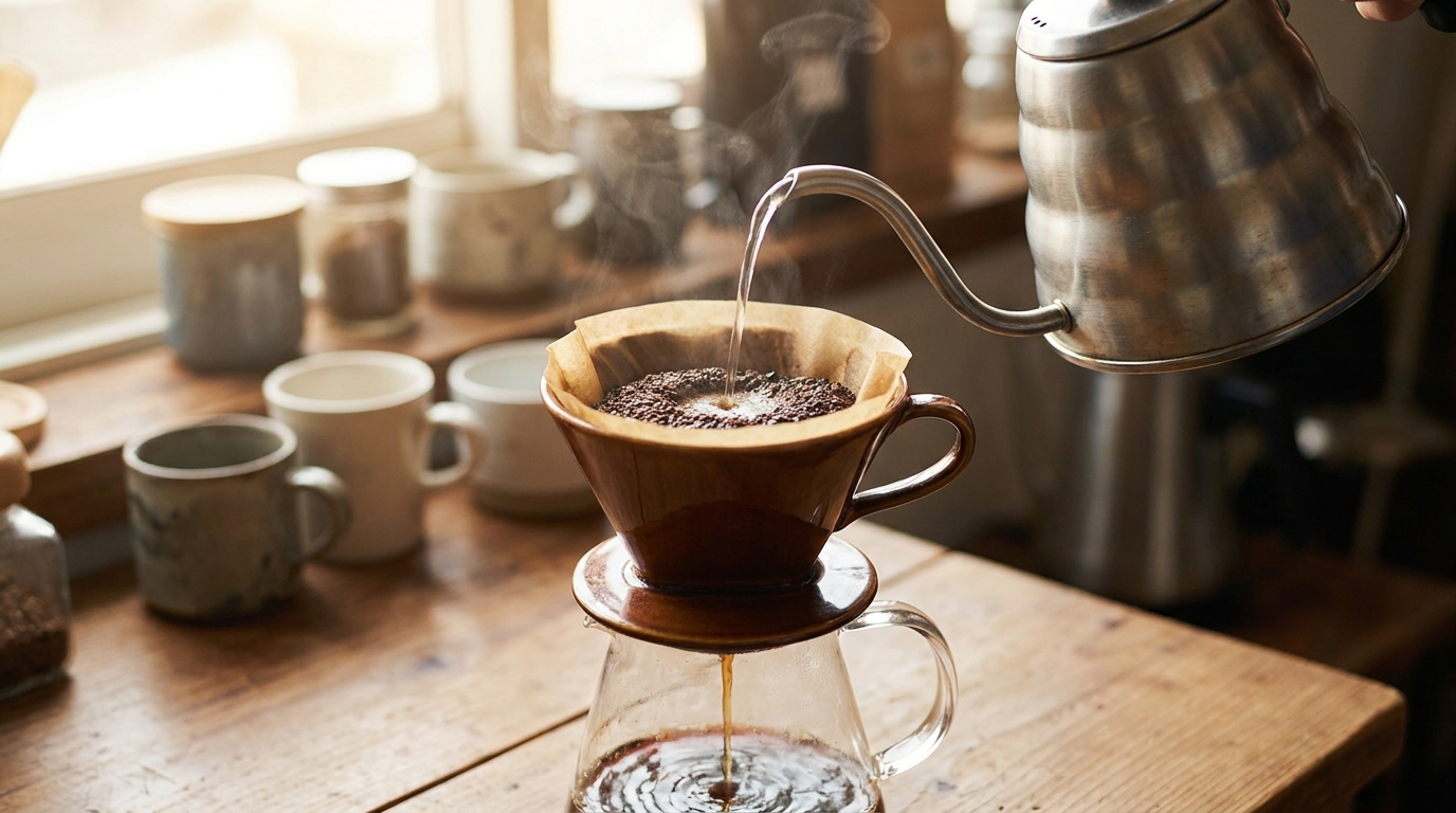 Gooseneck kettle ile kağıt filtreye su dökerek filtre kahve demleme