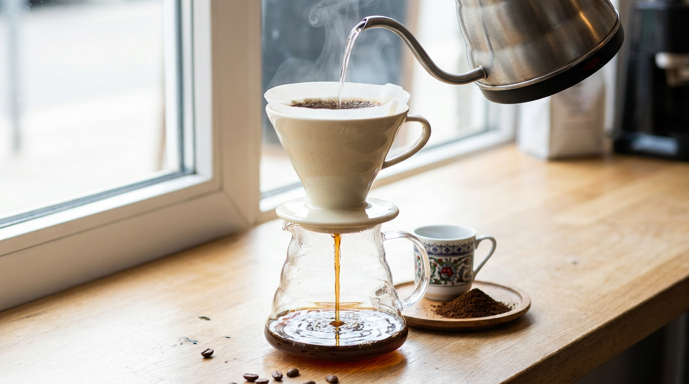 V60 dripper ve kağıt filtreyle demlenen filtre kahvenin süzülüşü