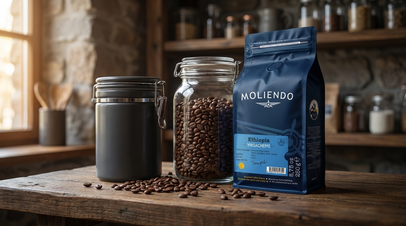 Kahve saklama kapları ve Moliendo Ethiopia Yirgacheffe