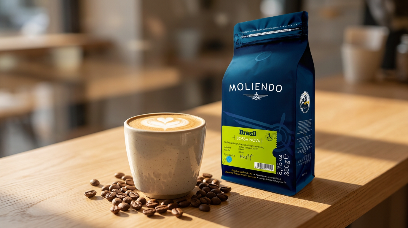 Seramik fincanda flat white ve latte art, yanında Moliendo Brasil Bossa Nova