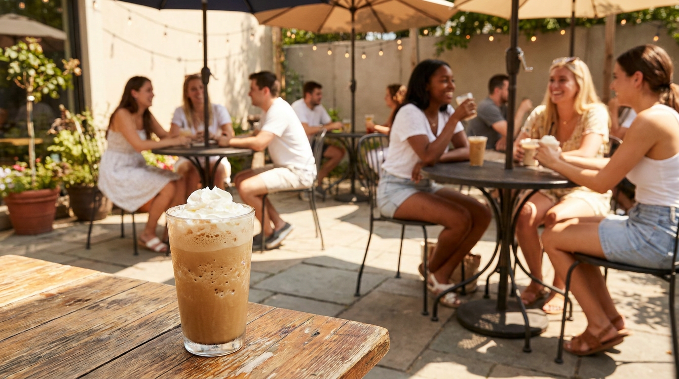 Güneşli kafede frappe keyfi
