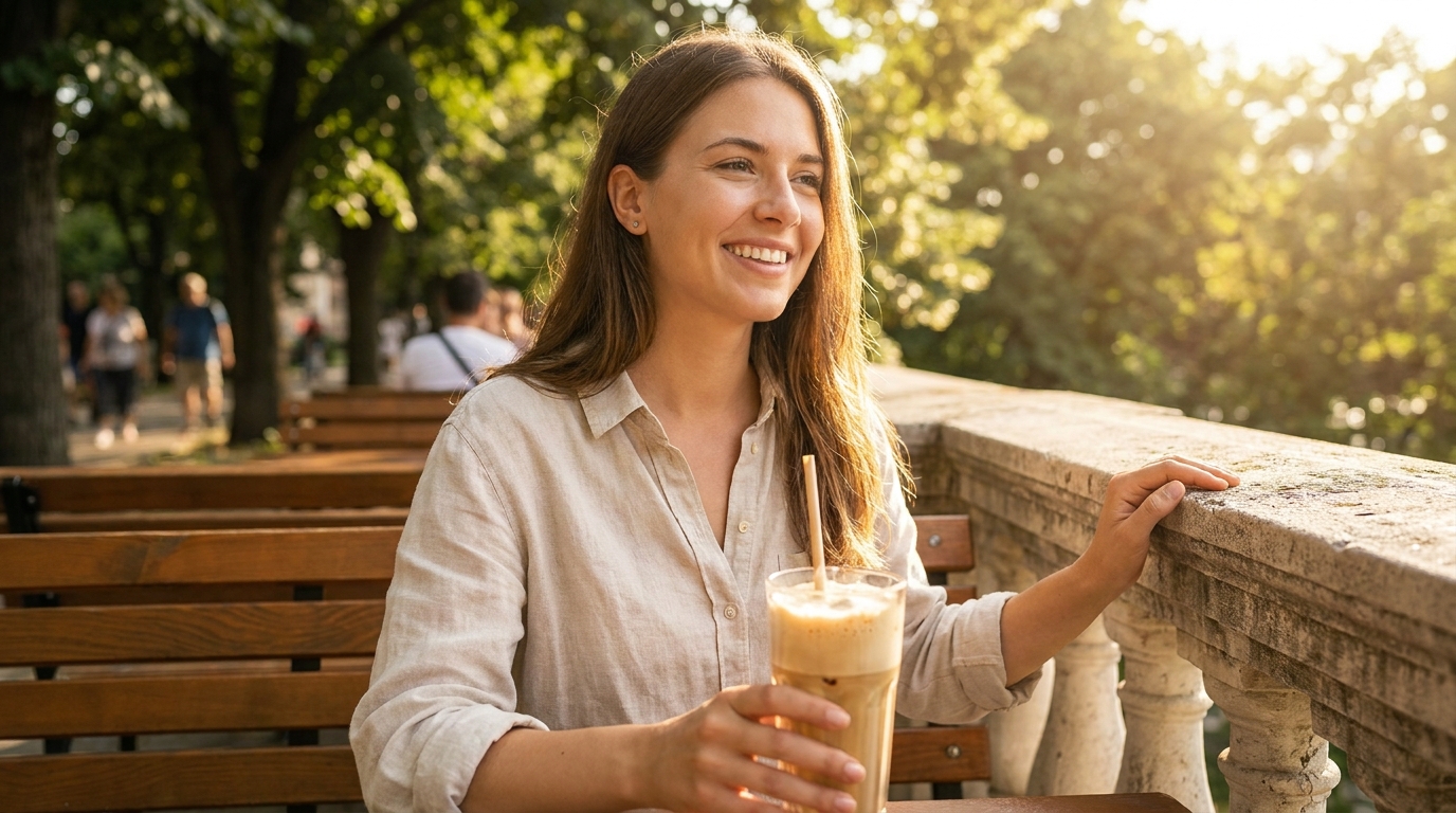 Yazın ferah frappe içen kişi