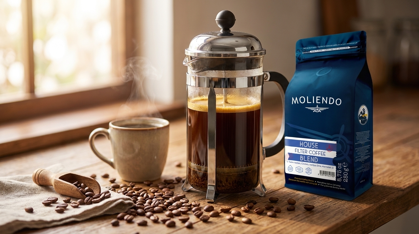 French press ile demlenmiş kahve, yanında Moliendo House Filter Coffee Blend