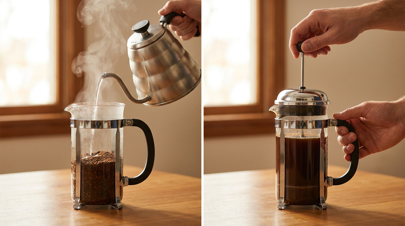 French press ile adım adım kahve demleme: sıcak su dökme ve pistonu bastırma