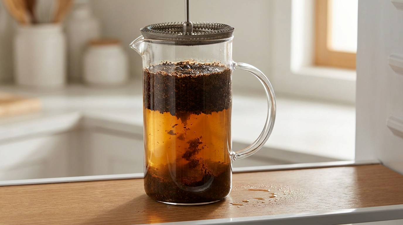 French press içinde cold brew demleme süreci