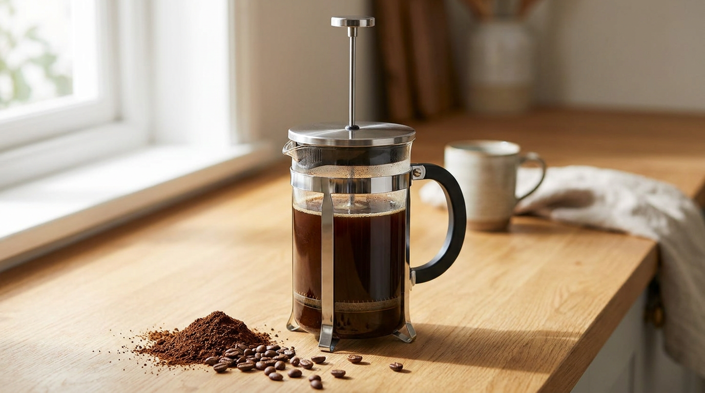 Tezgah üzerinde duran cam ve paslanmaz çelik French Press ekipmanı