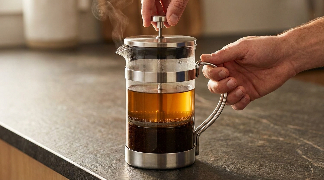French Press pistonunun metal filtresiyle telveyi ayıran yakın çekimi