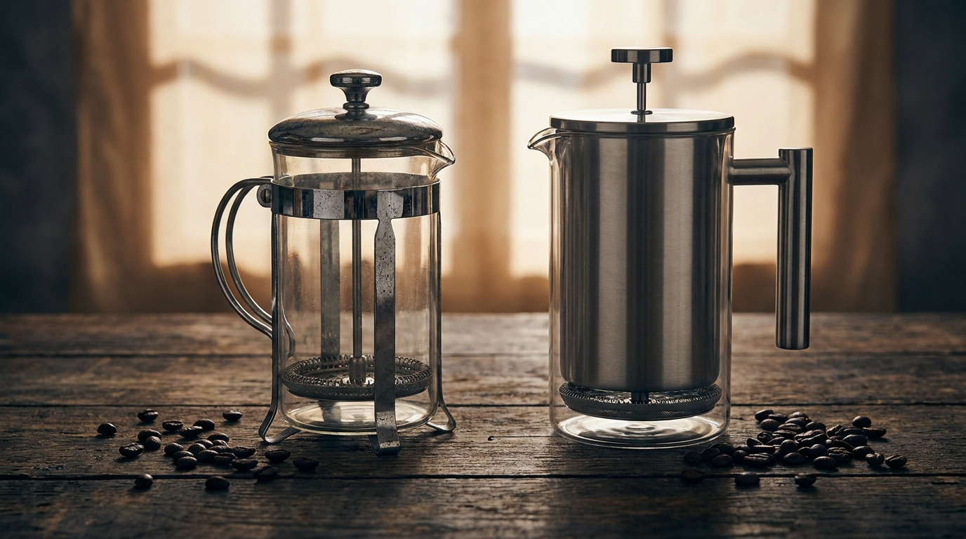 Vintage ve modern French Press modellerinin yan yana durduğu düzenleme