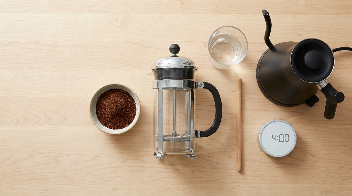French Press yanında öğütülmüş kahve, su ısıtıcısı ve karıştırıcının dizilimi