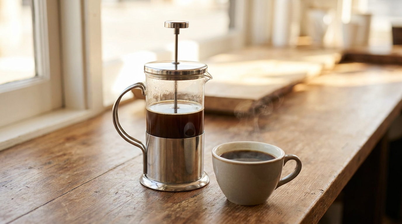 Cam, çelik ve plastik gövdeli farklı French Press modelleri bir arada