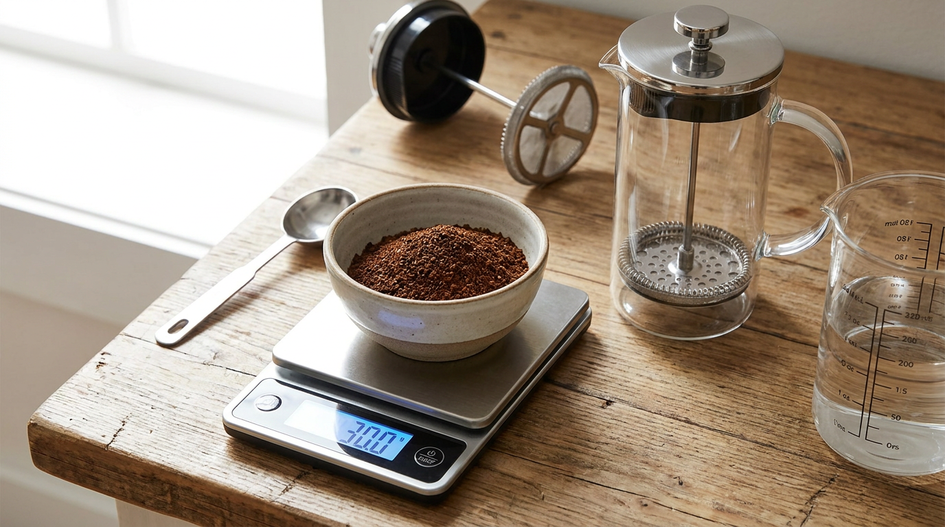 Dijital tartı üzerinde öğütülmüş kahve tartılırken French Press yanda