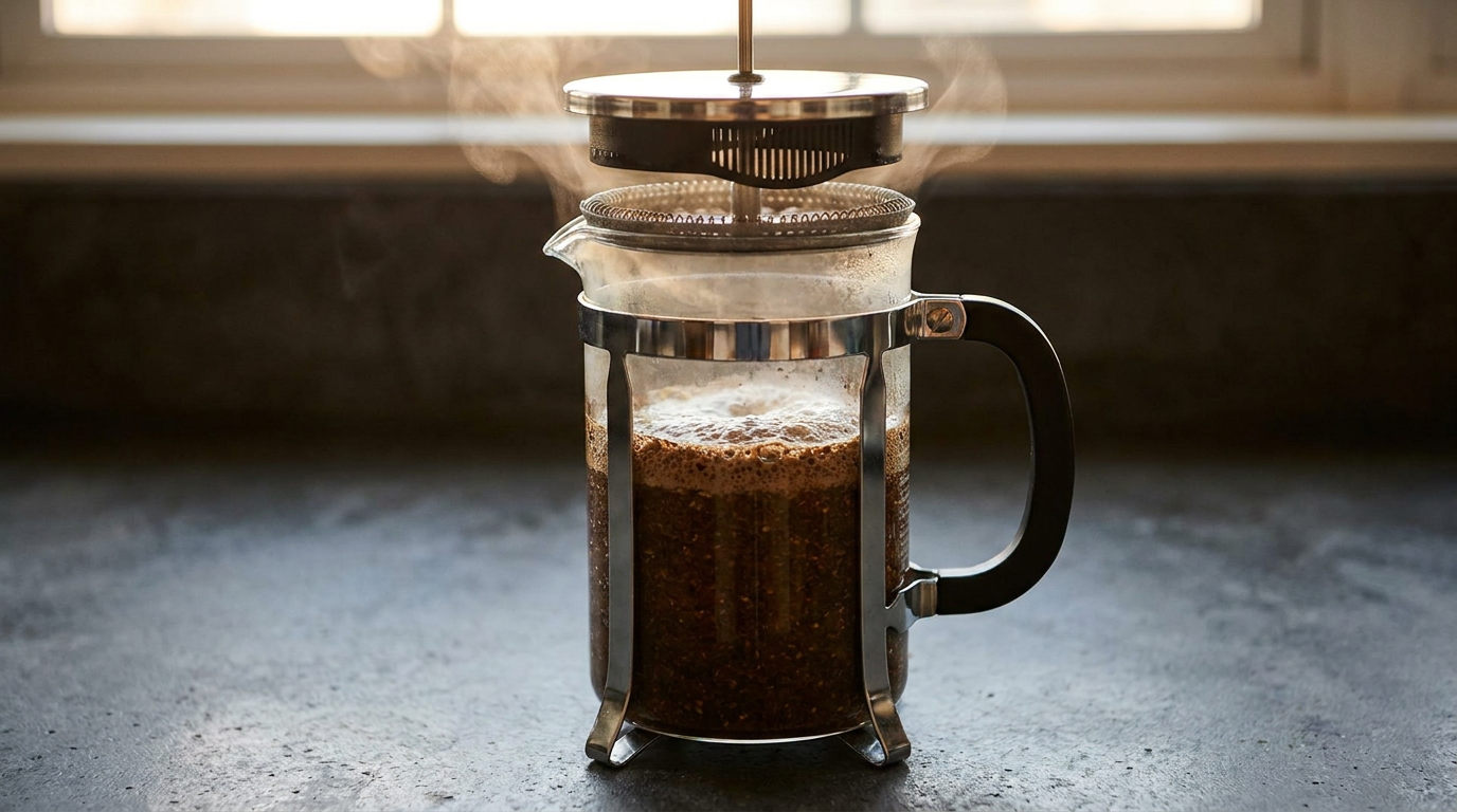 Tam daldırma yönteminde kahve ve suyun French Press içinde temas etmesi