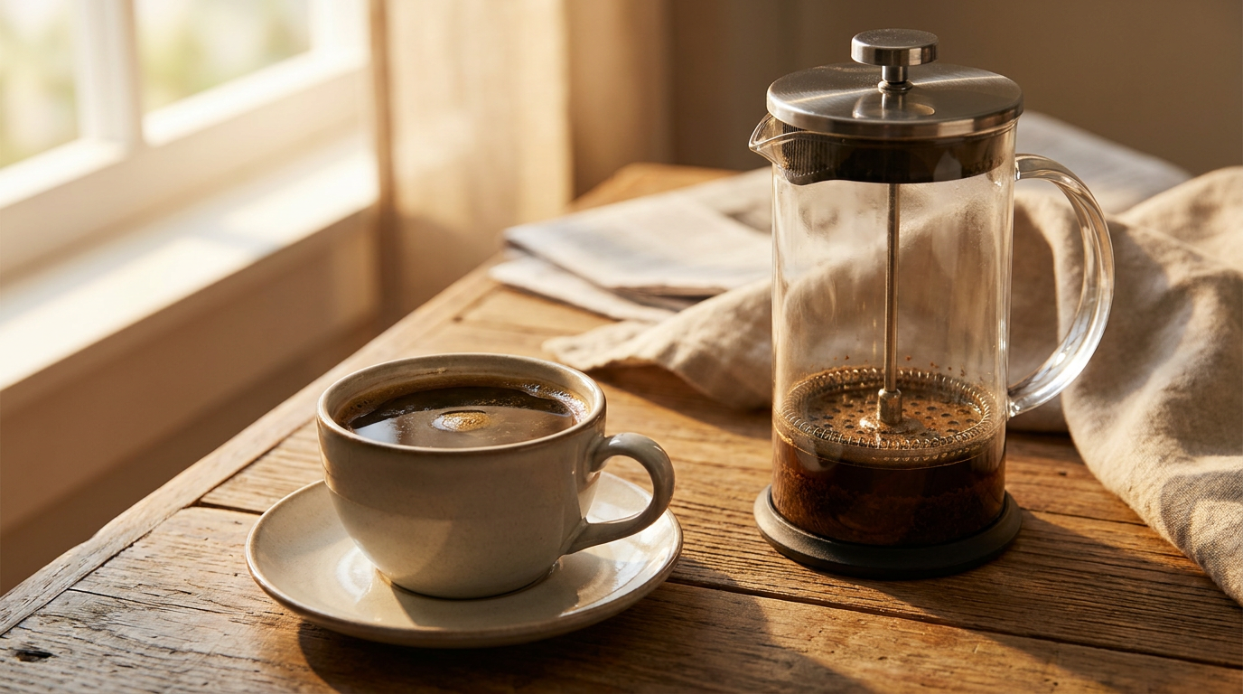 Doldurulmuş fincan ve French Press ile gövdeli kahve sunumu