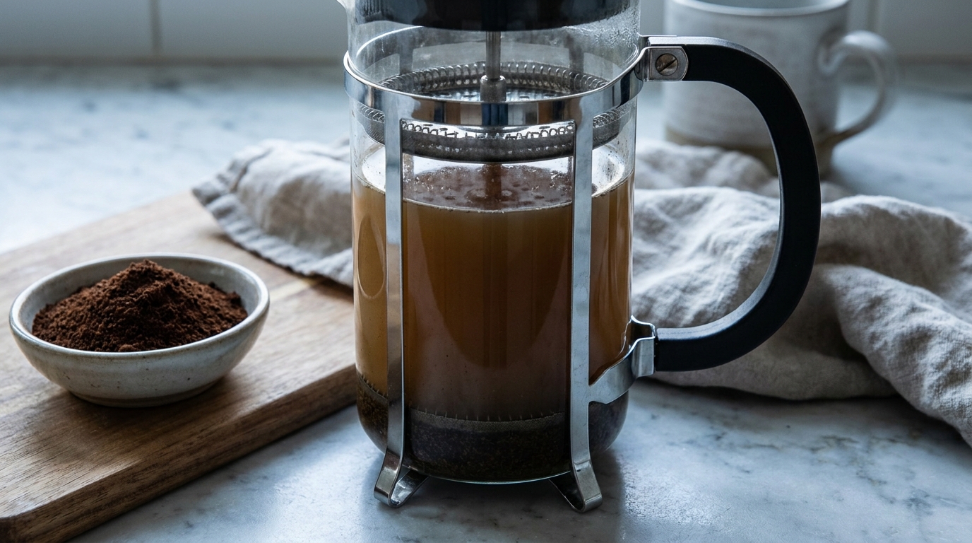İnce öğütümden dolayı bulanık kahve içeren French Press örneği