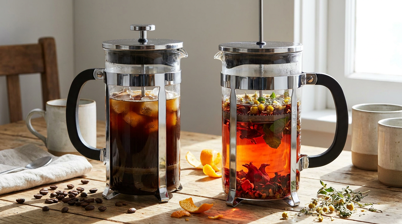 French Press ile hazırlanmış soğuk kahve ve bitki çayı çeşitleri