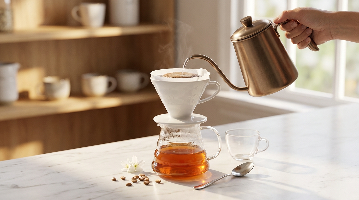 Cam server'da zarif açık renkli Geisha kahvesi pour-over ile demleniyor