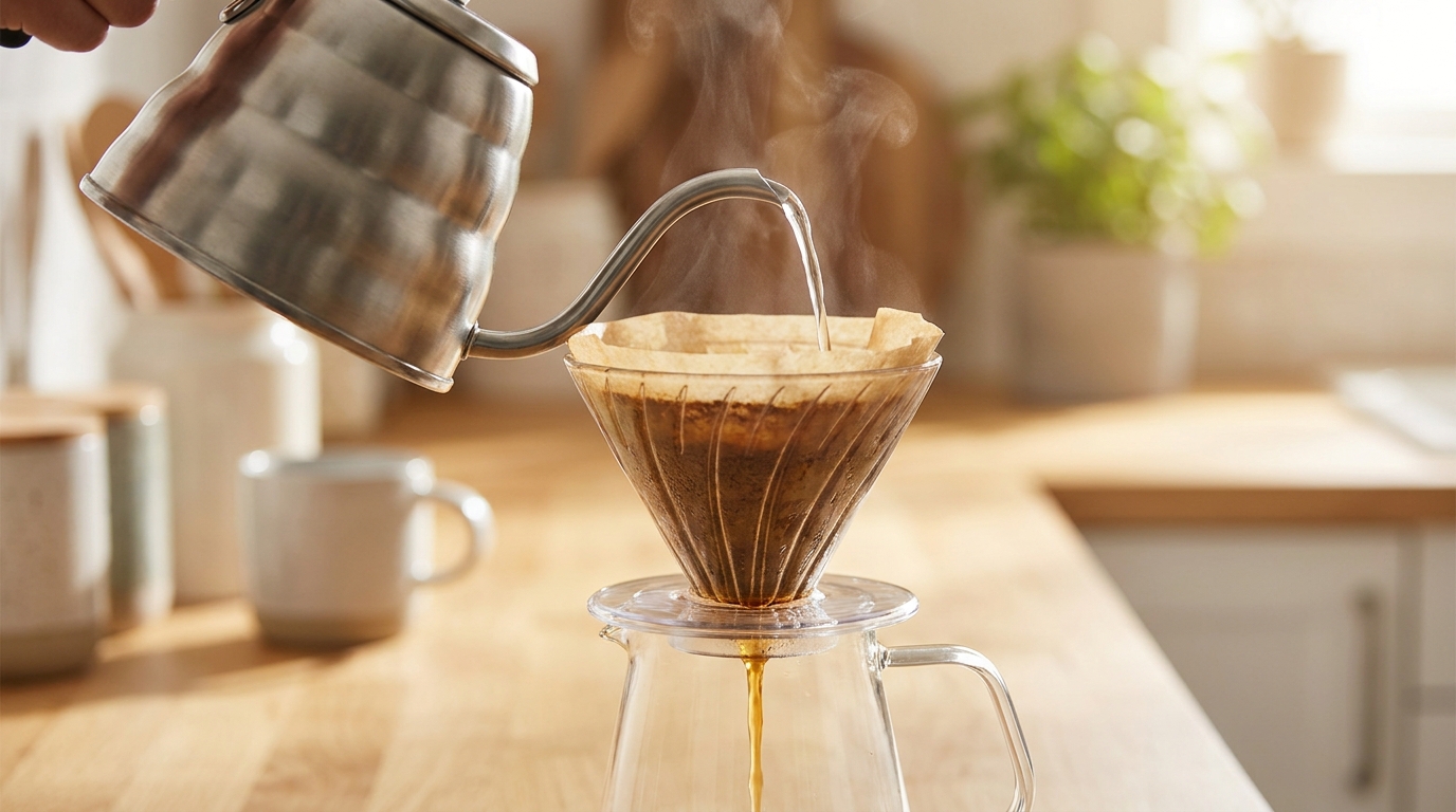 Gooseneck kettle ile yavaş pour-over Geisha kahve demleme