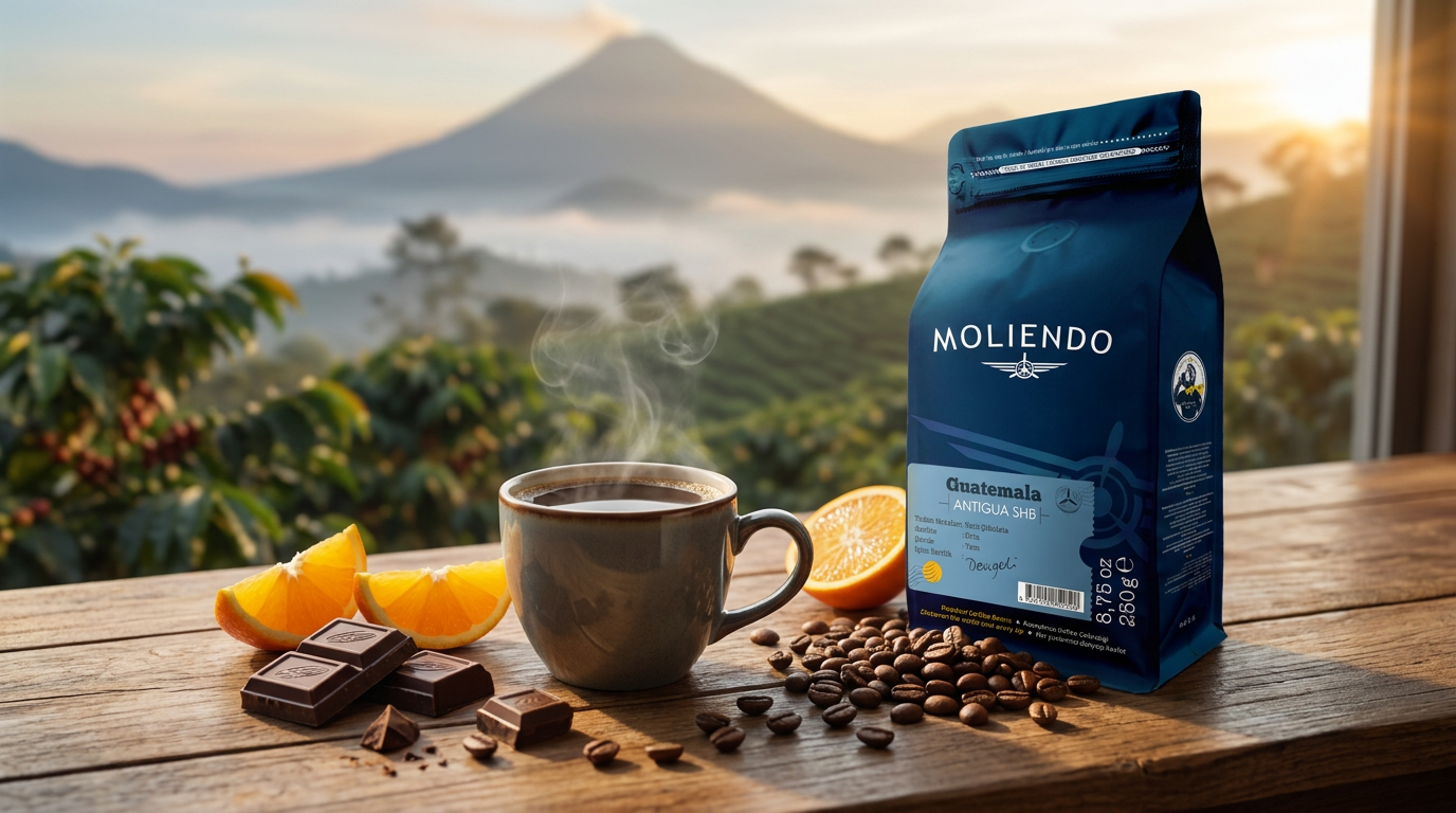 Tam gövdeli Guatemala kahvesi, çikolata ve portakal, yanında Moliendo Guatemala Antigua