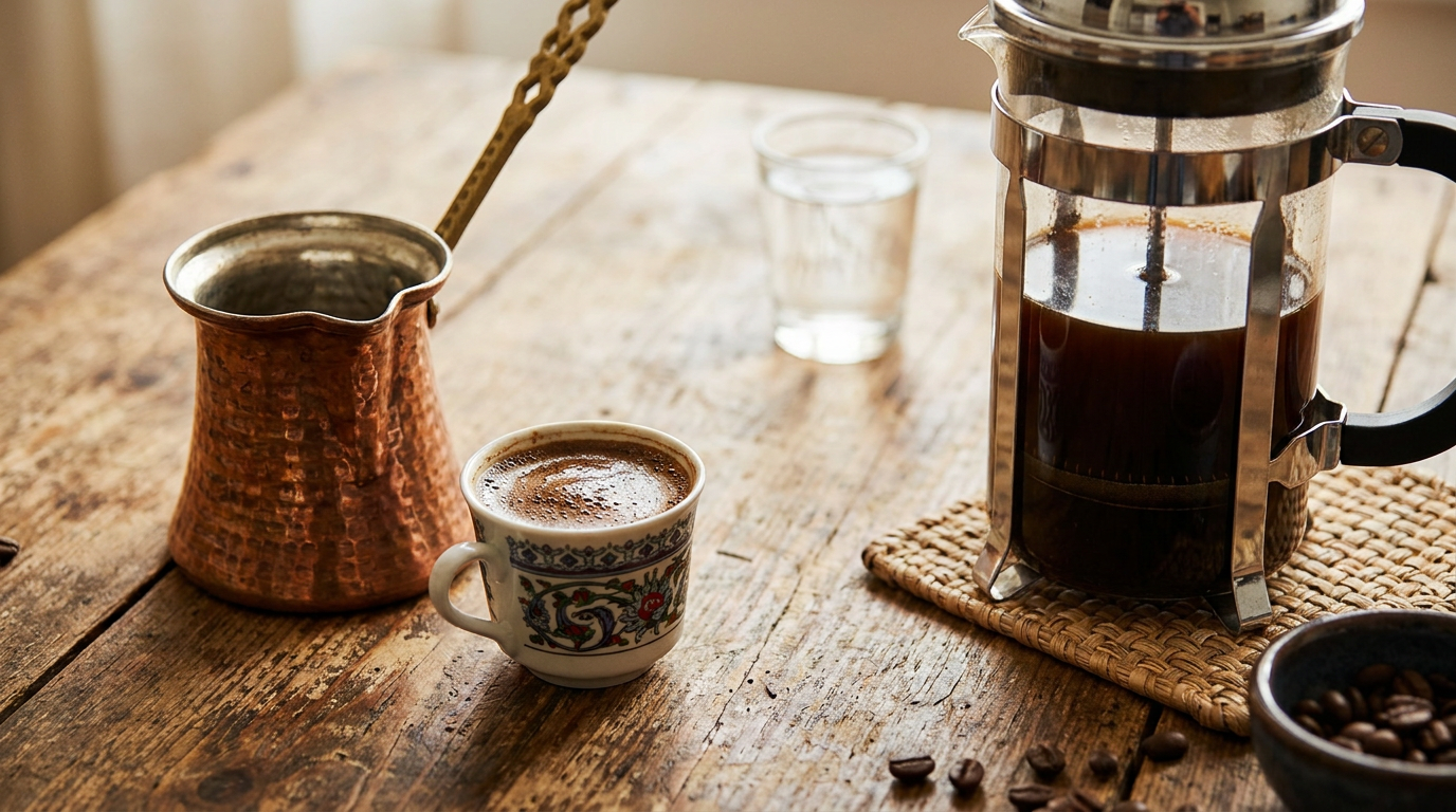 Türk kahvesi ve French press kahvesinin yan yana durduğu sahne