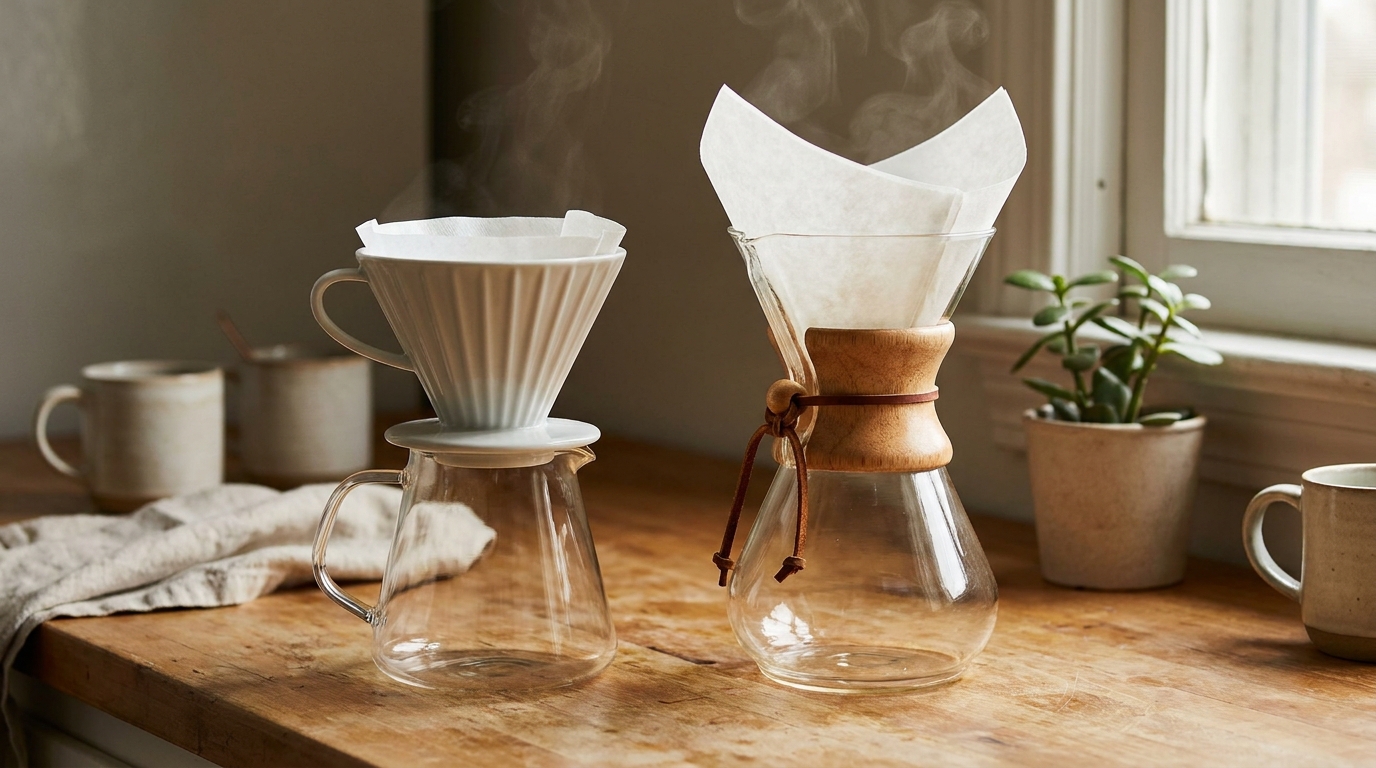 Bir V60 konik dripper ve bir Chemex cam sürahi tezgahta yan yana